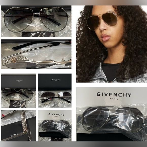 GIVENCHY SILVER  RHINESTONE PILOT AVIATOR SUNGLASSES - Picture 1 of 16